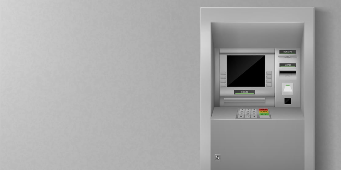 Front view of a standalone ATM machine with screen, keypad, card slot, and cash dispenser on a plain background.