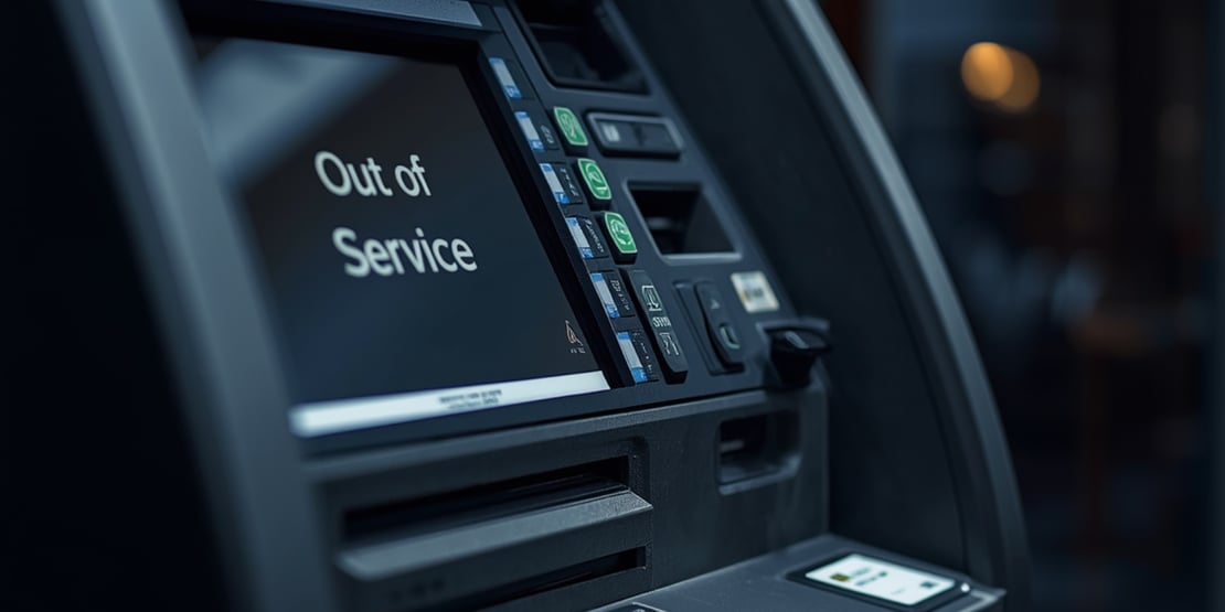 ATM machine displaying an “Out of Service” message on the screen.