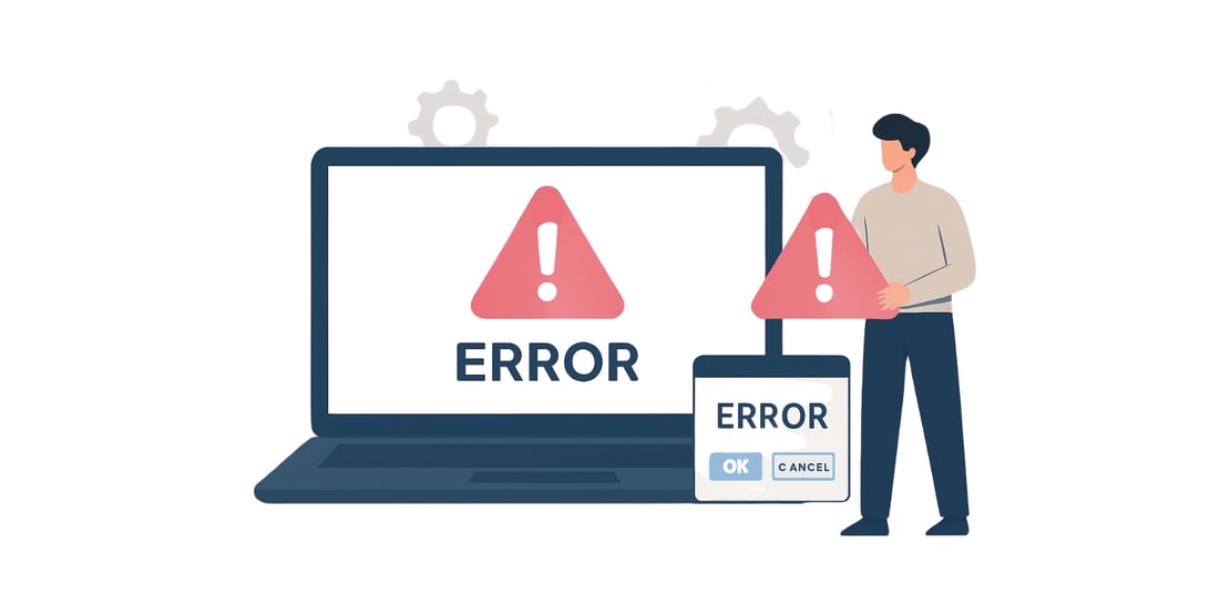 Error message on laptop. Computer outage. Issue and technical problems. Errors in code. Programmer and IT specialist, system administrator with computer. 