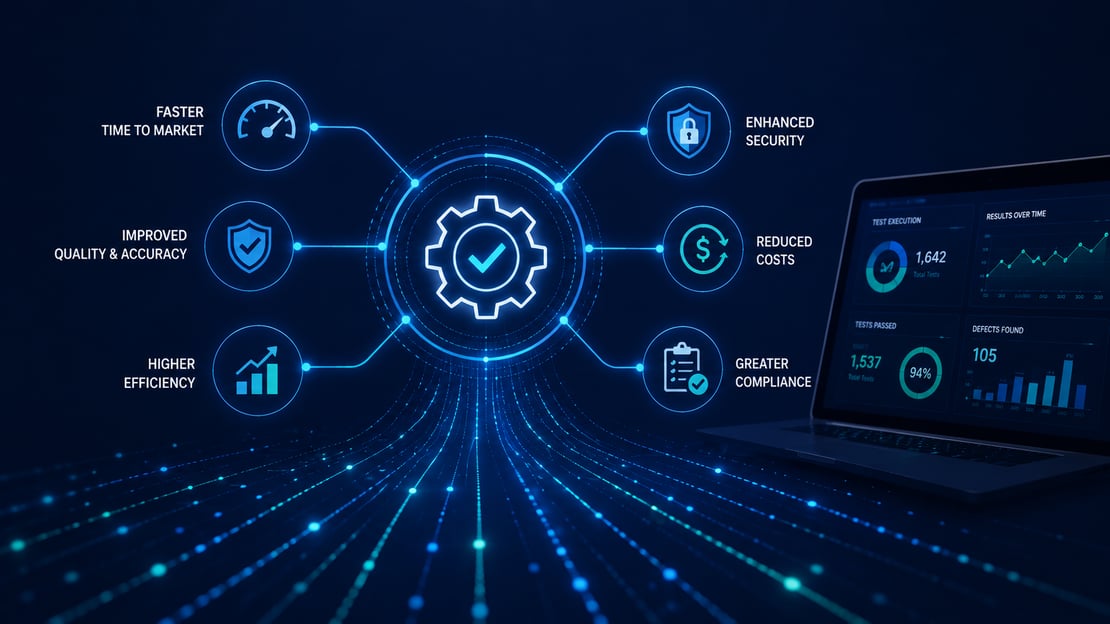 Abstract illustration of an automated payment testing platform highlighting key benefits such as faster delivery, improved quality, enhanced security, reduced costs, and regulatory compliance through connected analytics and automation.