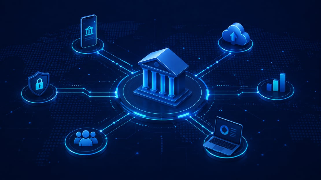 Illustration of a digitally connected bank linked to cloud services, mobile banking, analytics, security, and customer systems, representing how banks are embracing digital transformation to modernize operations and services.