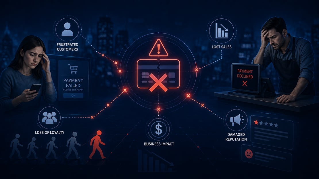 Conceptual illustration of a payment system outage causing failed transactions, frustrated customers, lost sales, and reputational damage, highlighting the business impact of unreliable payment systems.