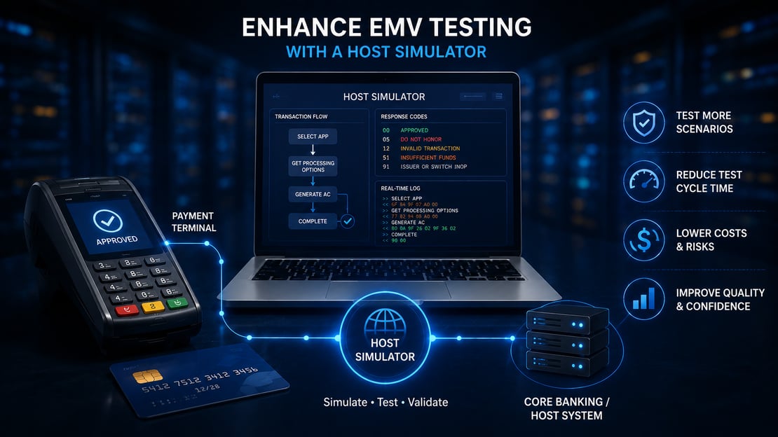 Illustration of a payment terminal connected to a host simulator and testing environment, demonstrating how host simulation enables more comprehensive, efficient, and reliable EMV payment testing.