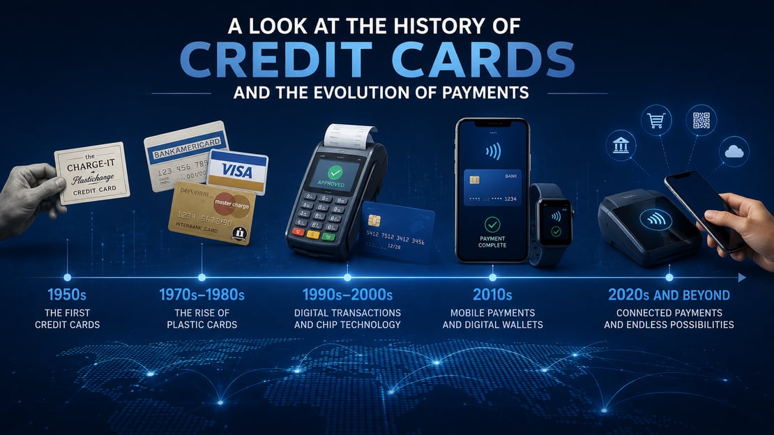 Illustration showing the evolution of payment methods from early credit cards to EMV chip cards, mobile wallets, and contactless payments, highlighting the history and modernization of digital payments.