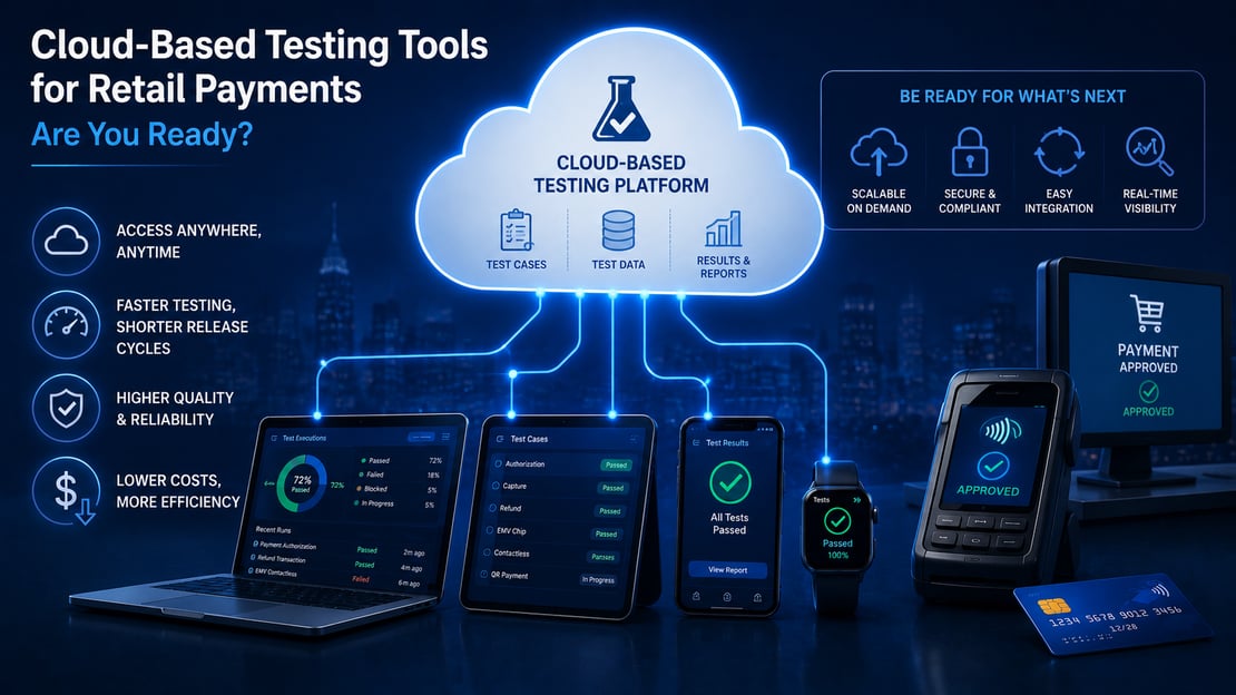 Illustration of a cloud-based payment testing platform connecting laptops, mobile devices, POS terminals, and dashboards, representing scalable, secure, and centralized testing for modern retail payment systems.