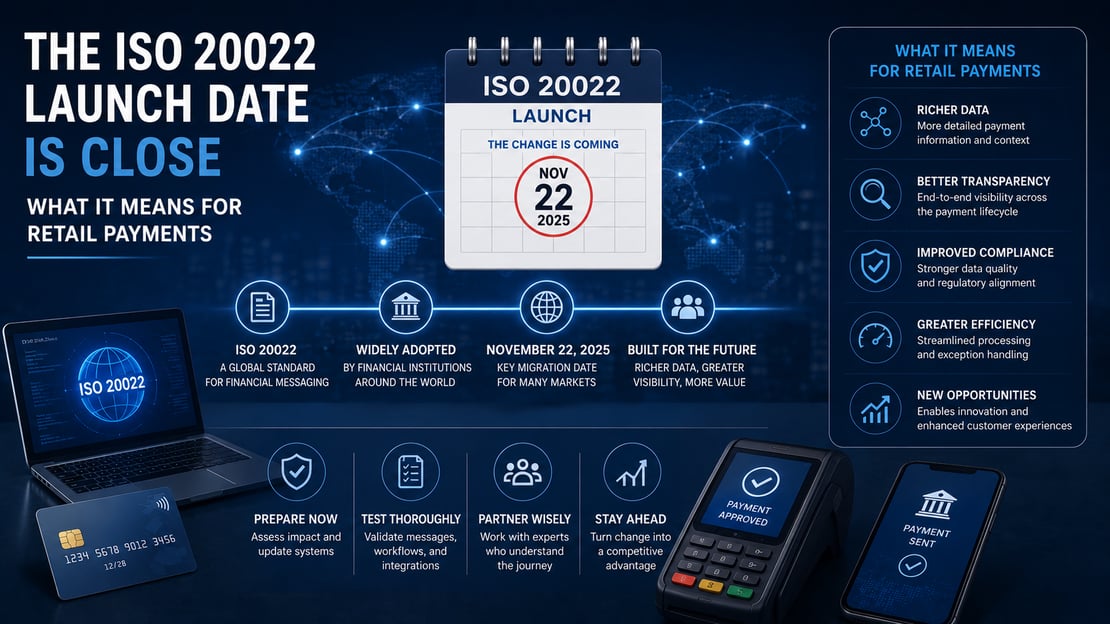 Illustration of ISO 20022 migration with connected payment systems, global financial networks, and digital payment infrastructure, representing the transition to the new messaging standard for modern retail payments.