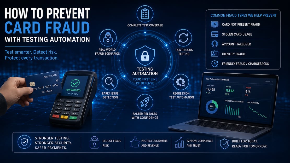 Illustration of a payment card transaction protected by automated testing and security monitoring, representing how test automation helps detect fraud, reduce payment risks, and strengthen card payment security.
