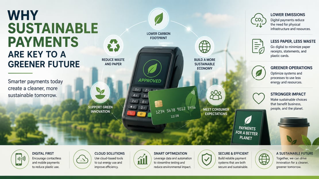 Illustration of digital payment technology combined with sustainability symbols, representing how modern payment systems can reduce environmental impact through paperless transactions, efficient operations, and greener financial services.