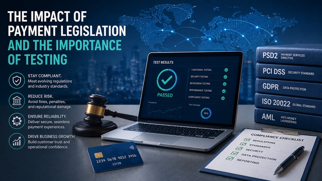 Illustration of payment legislation and compliance testing with regulatory standards, a payment card, and a testing dashboard, highlighting the importance of secure and reliable payment system testing.