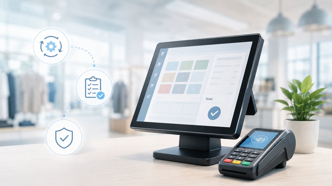 Modern retail POS system and payment terminal with automated testing icons, representing how regression testing helps maintain reliable, secure, and consistent retail payment experiences.