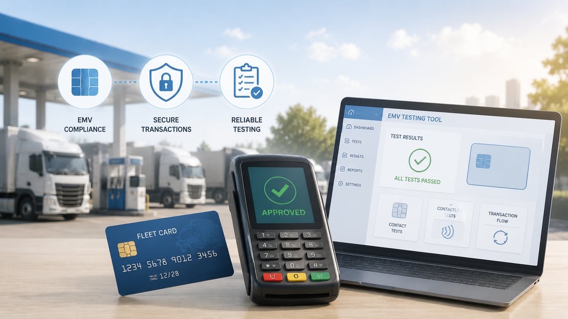 Fleet card, payment terminal, and EMV testing platform at a fueling station, illustrating how EMV chip testing helps ensure secure and reliable fleet card transactions.