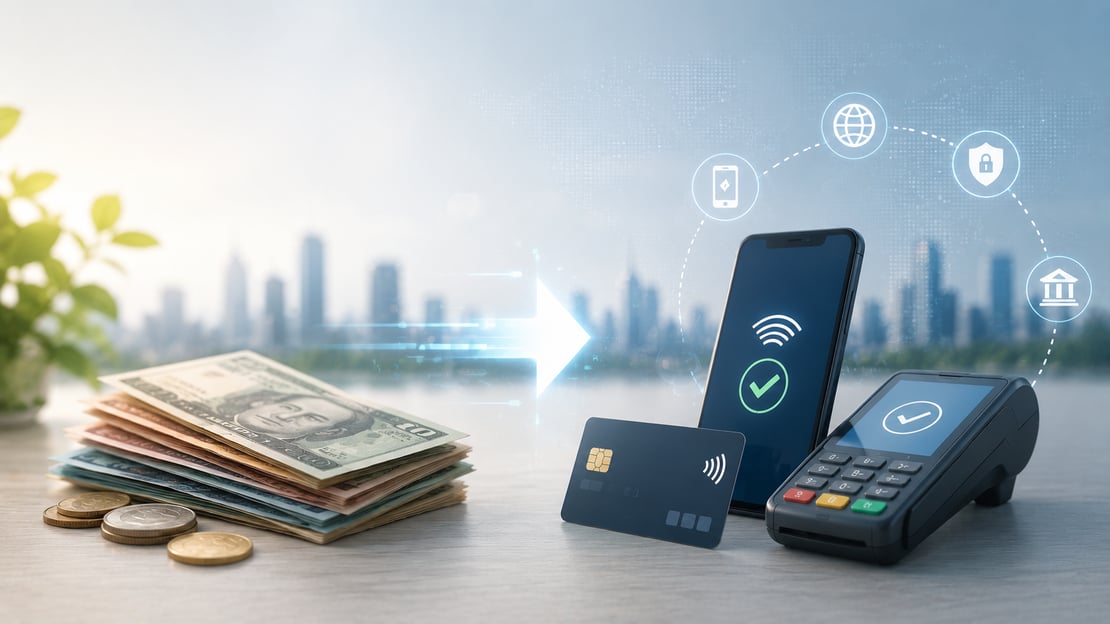 Cash, coins, payment card, smartphone, and contactless terminal illustrating the evolving role of cash alongside increasingly digital and connected payment methods.