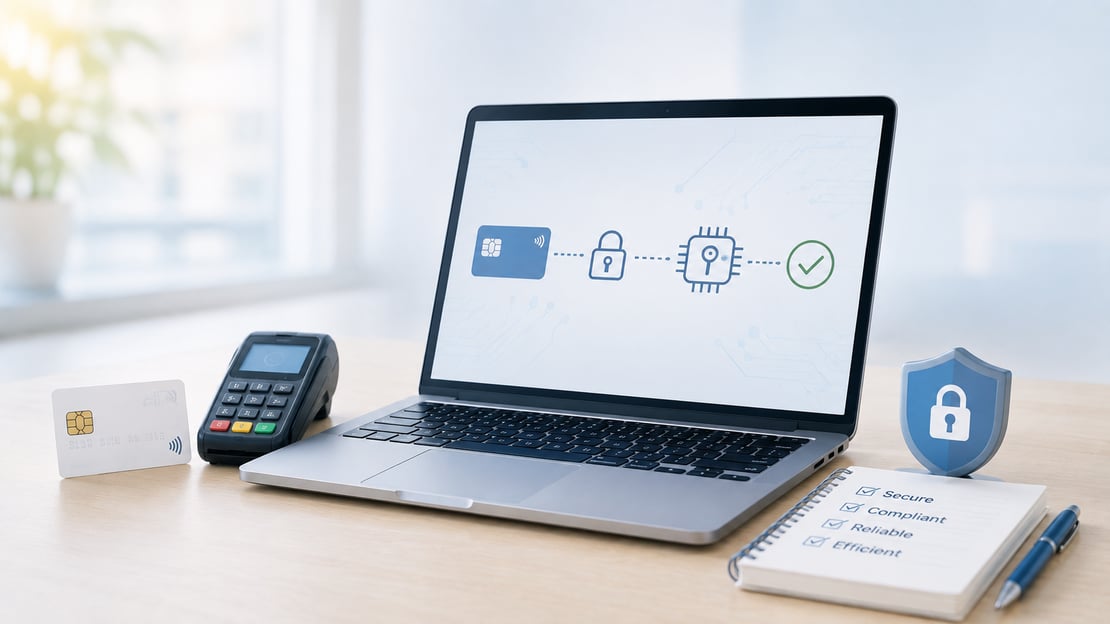 EMV card and payment terminal beside a secure testing workflow, illustrating simplified EMV cryptography for more efficient, reliable, and secure payment testing.