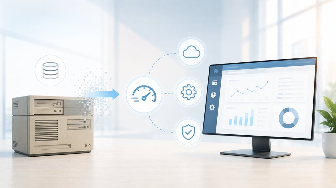 Legacy payment infrastructure transitioning to a modern digital platform, illustrating improved agility, performance, security, and scalability through payment system modernization.