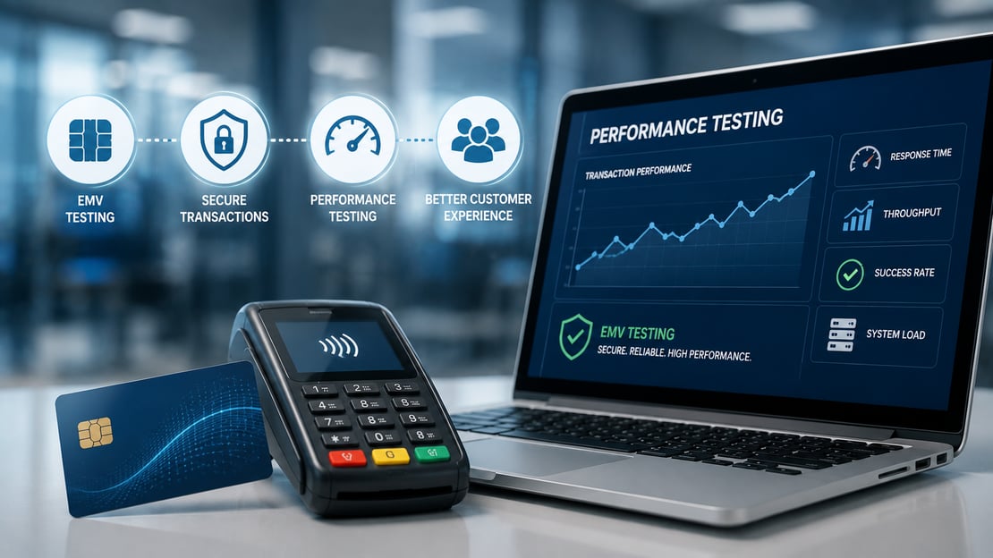 EMV card and payment terminal alongside a performance testing dashboard, illustrating how EMV testing helps ensure secure, reliable, and high-performing payment transactions.