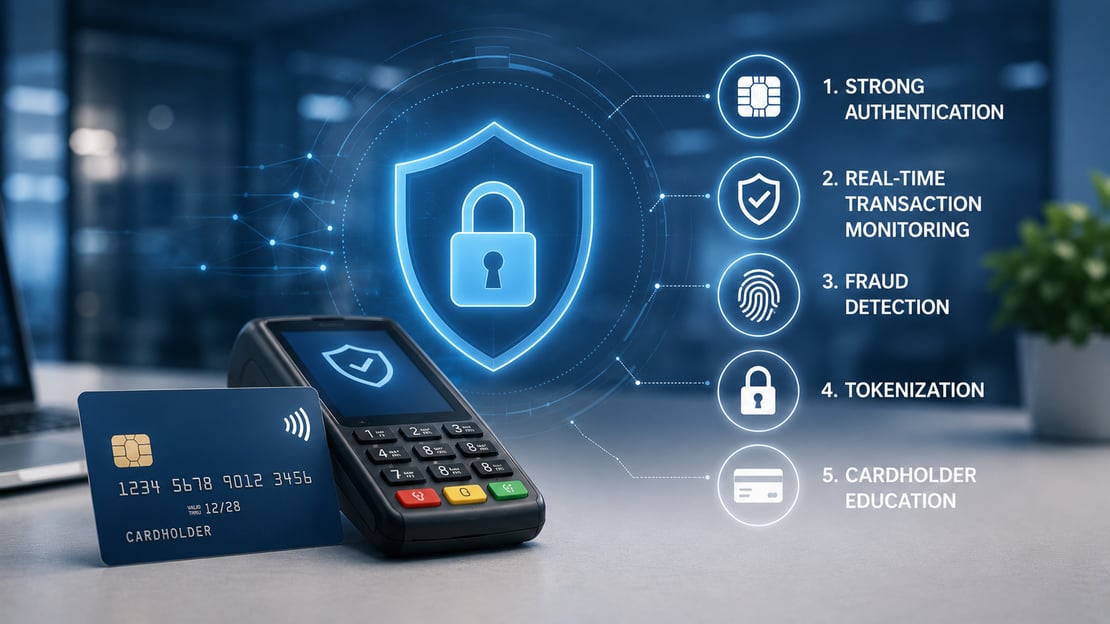 Payment card and POS terminal protected by digital security, illustrating key card fraud prevention methods including authentication, transaction monitoring, fraud detection, and tokenization.
