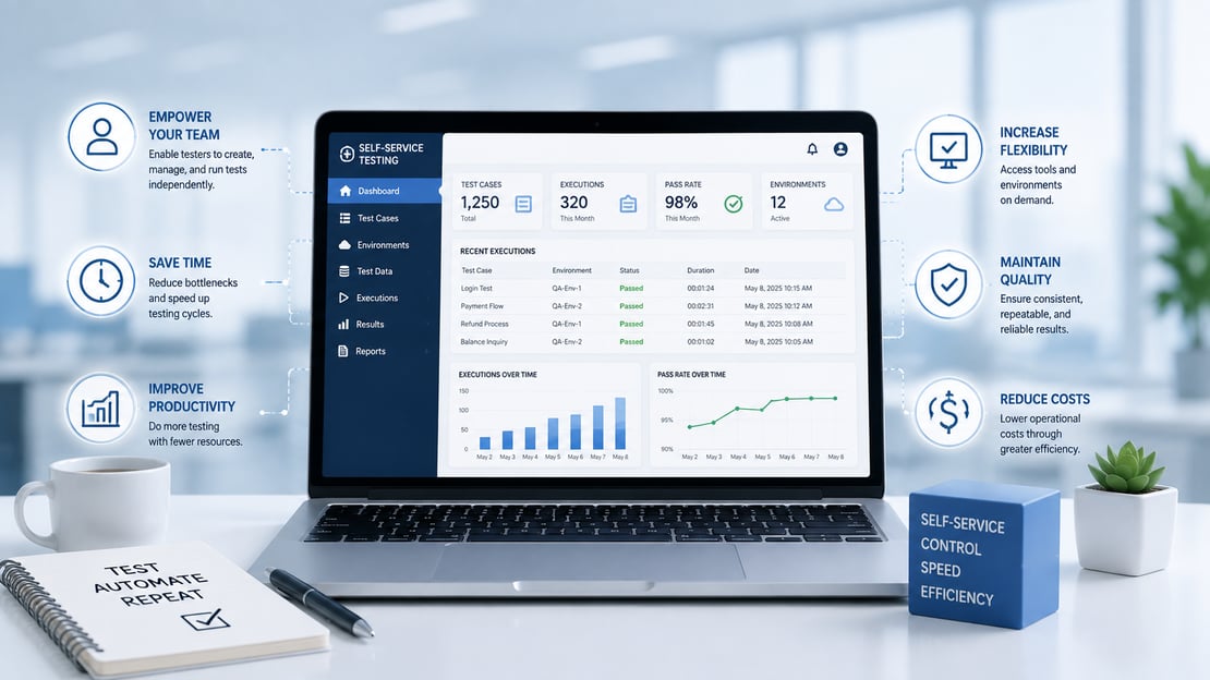 Self-service testing dashboard showing test cases, results, and performance metrics, illustrating how teams can improve testing efficiency, productivity, flexibility, and quality.