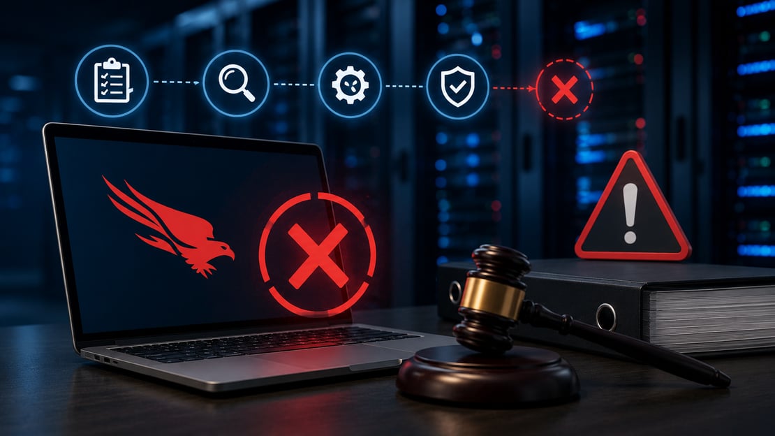 Cybersecurity system failure with testing and certification icons, a warning symbol, and legal gavel, illustrating concerns that software testing and certification processes were bypassed.