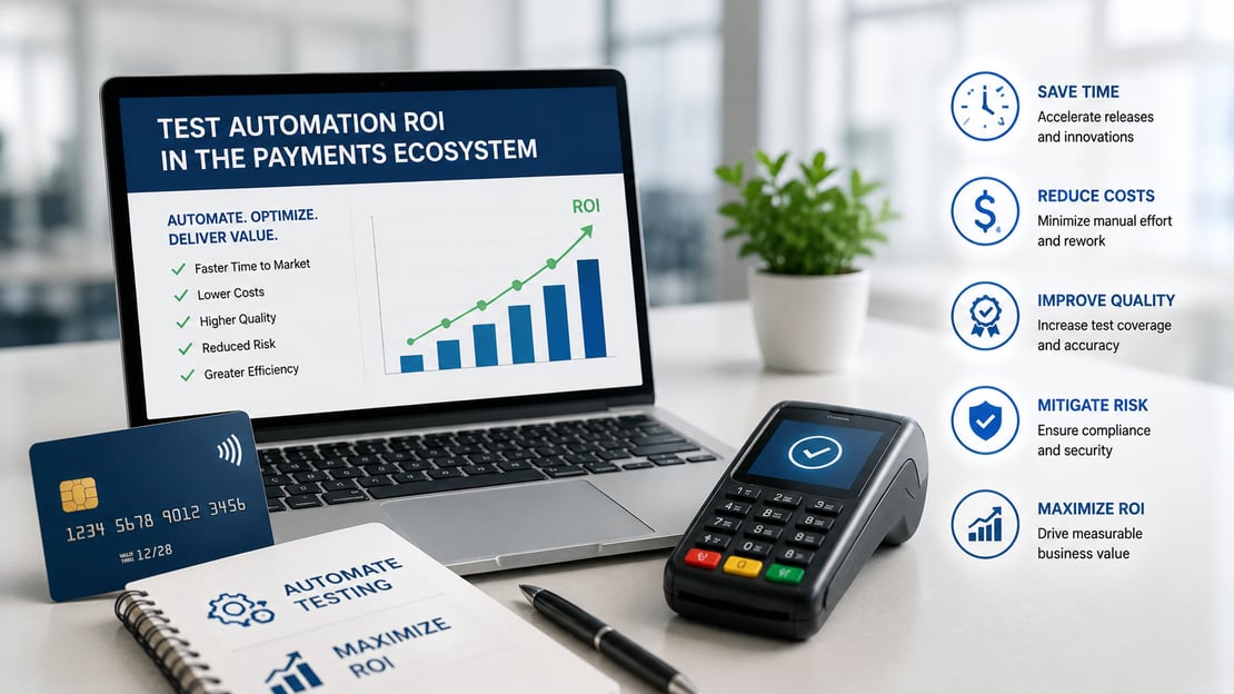 Payment terminal and automated testing dashboard with rising ROI metrics, illustrating how test automation can reduce costs, improve quality, save time, and increase efficiency across the payments ecosystem.