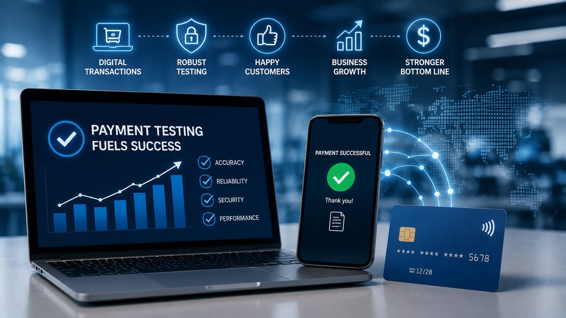 Digital payment transaction alongside a payment testing dashboard, illustrating how reliable testing improves security, performance, customer experience, and business results.