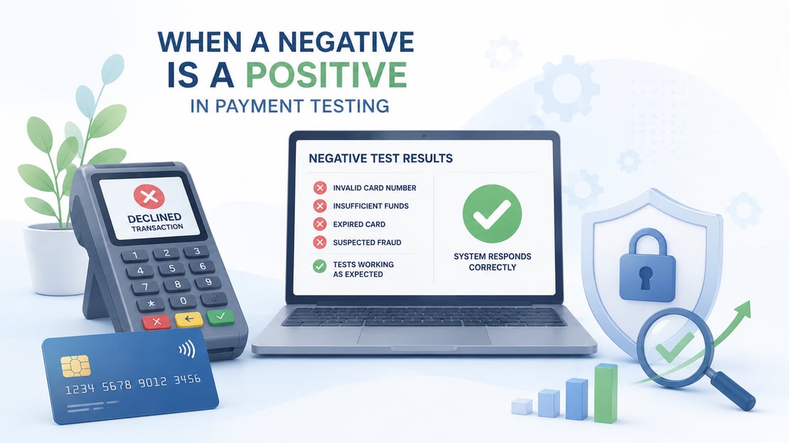 Illustration of negative payment testing scenarios, showing declined transactions alongside successful test validation to demonstrate how expected failures help ensure payment system reliability and security.