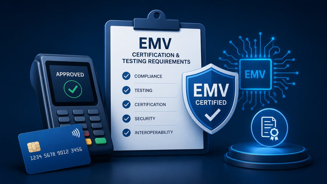 Illustration of an EMV chip card, payment terminal, certification checklist, and security shield representing EMV testing, compliance, security, and certification requirements.