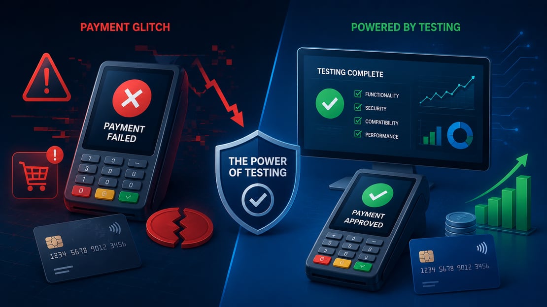 Illustration comparing a failed payment transaction with a successfully tested payment system, highlighting how thorough testing helps prevent payment glitches and improve reliability.