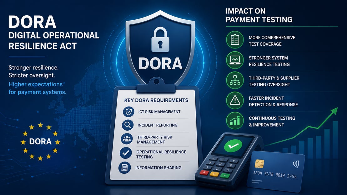 Illustration of DORA requirements alongside a payment terminal and card, representing how the Digital Operational Resilience Act strengthens risk management, resilience, and testing across payment systems.