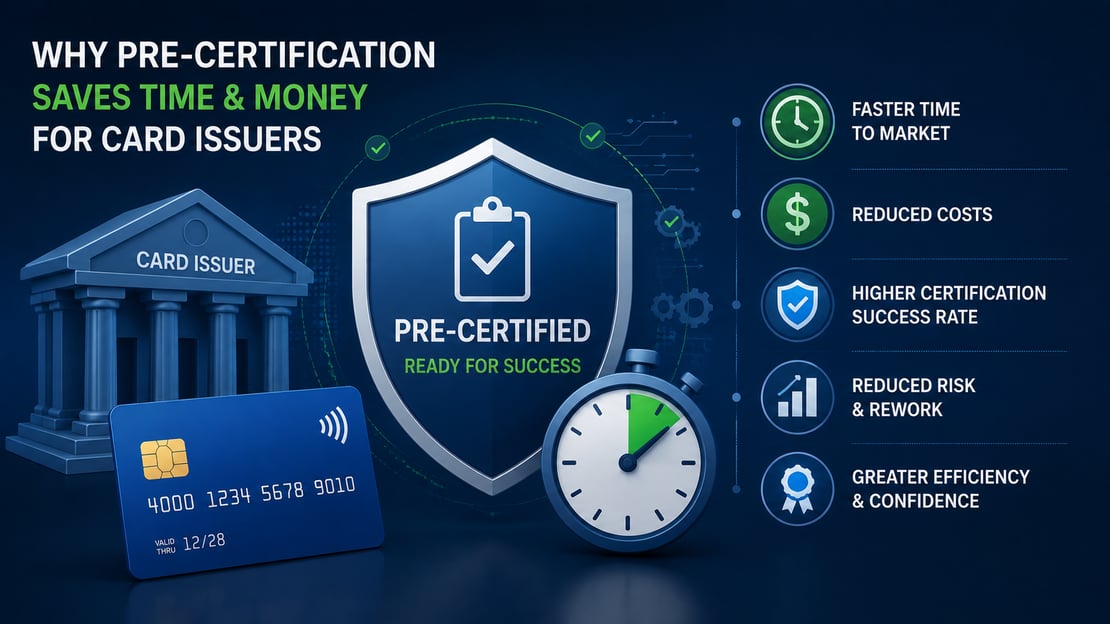 Illustration of a card issuer, payment card, certification shield, and stopwatch, highlighting how pre-certification can reduce costs, save time, minimize rework, and improve certification success.