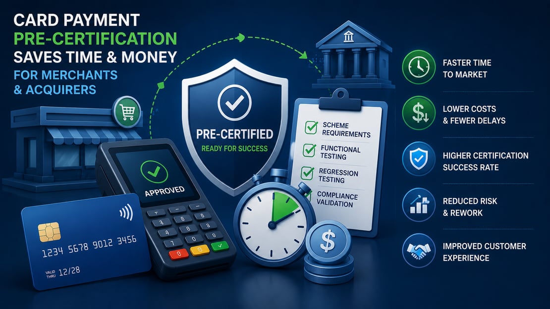 Illustration of a payment card, POS terminal, pre-certification shield, and testing checklist, highlighting how pre-certification helps merchants and acquirers reduce costs, delays, and rework.