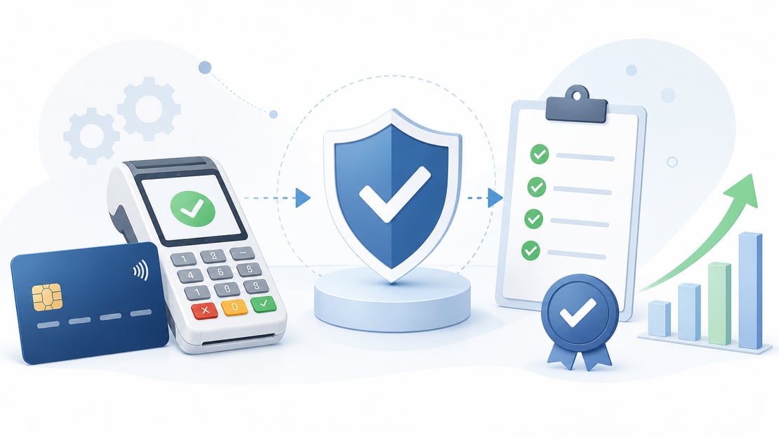 Illustration of a payment card, POS terminal, security shield, and certification checklist, representing a streamlined payment card testing and certification process.