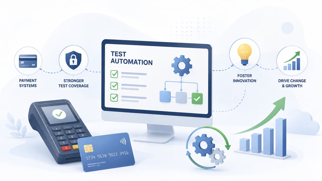 Illustration of automated payment testing with a POS terminal, payment card, testing dashboard, and growth icons, representing how test automation drives innovation and efficiency in payments.