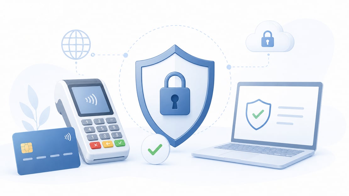 Illustration of a secure payment card, POS terminal, and protected digital network, representing cybersecurity measures that help defend the payments industry from cyberattacks.