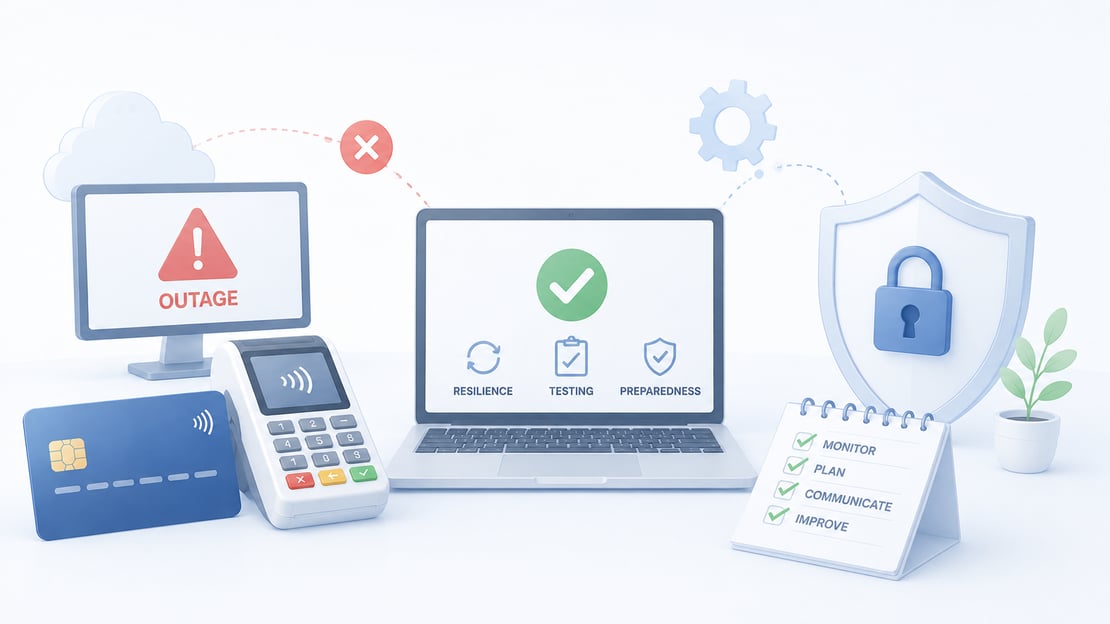 Illustration of a payment system outage alongside testing, security, and resilience tools, highlighting lessons for improving preparedness and reliability after major technology disruptions.
