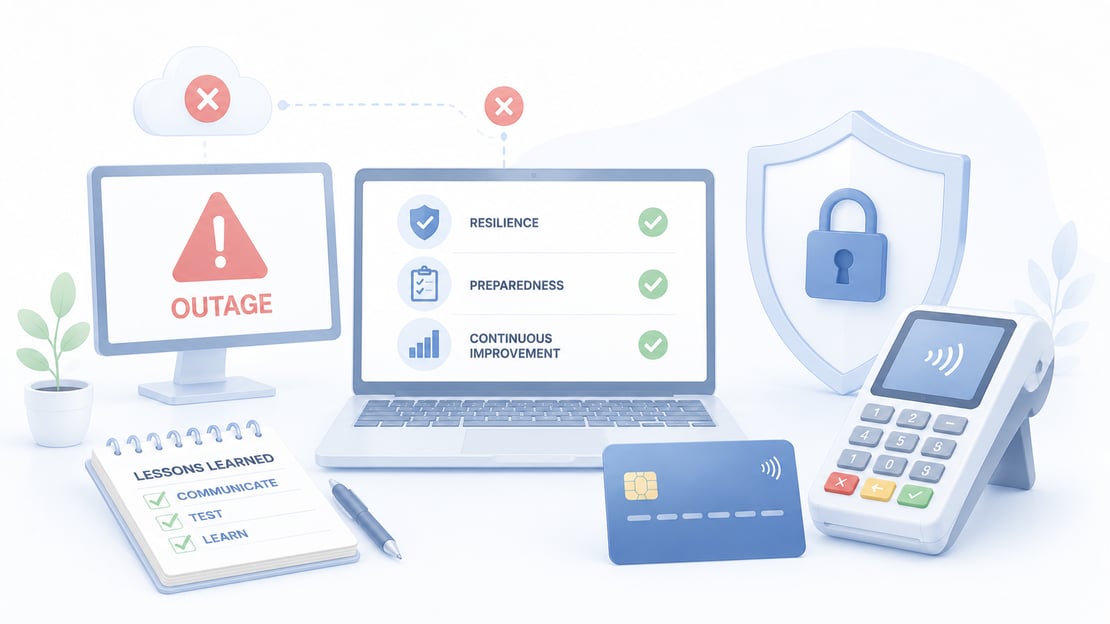 Illustration of a technology outage alongside payment systems, security, testing, and resilience tools, highlighting lessons learned from the CrowdStrike failure.