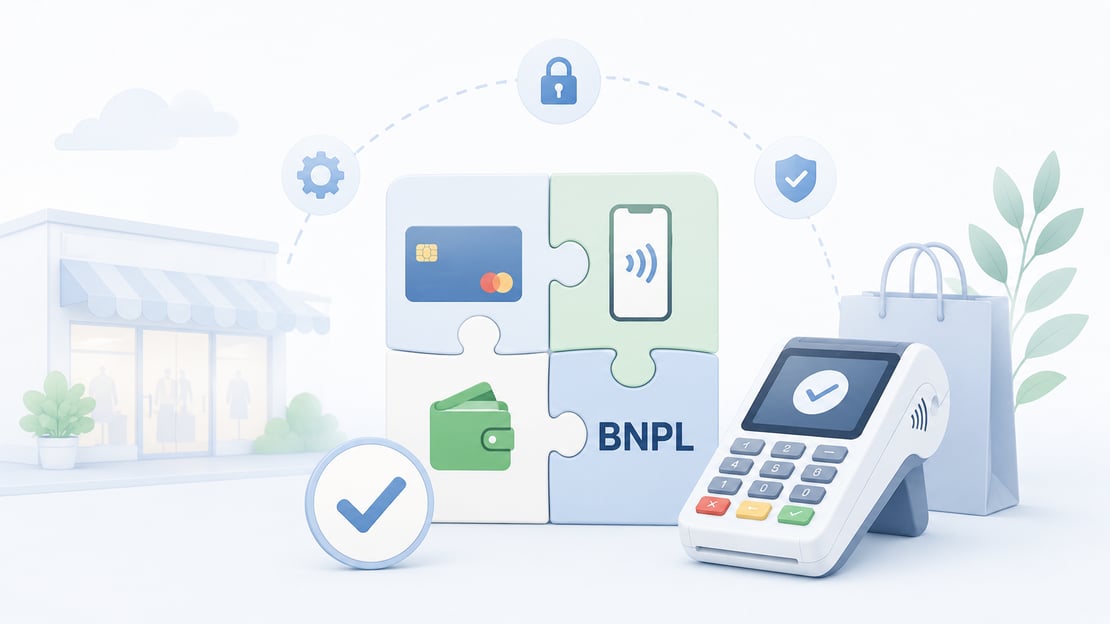 Illustration of alternative payment methods as interconnected puzzle pieces, including cards, mobile payments, digital wallets, and BNPL alongside a retail payment terminal.