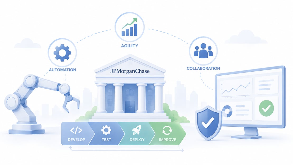 Illustration of banking automation, agile development, testing, deployment, and collaboration, representing how automation can improve corporate agility and continuous innovation.