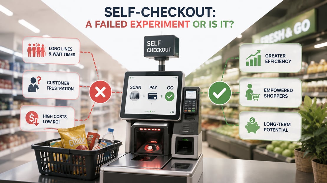 Illustration of a retail self-checkout system highlighting challenges such as customer frustration and costs alongside potential benefits including greater efficiency and improved customer experience.
