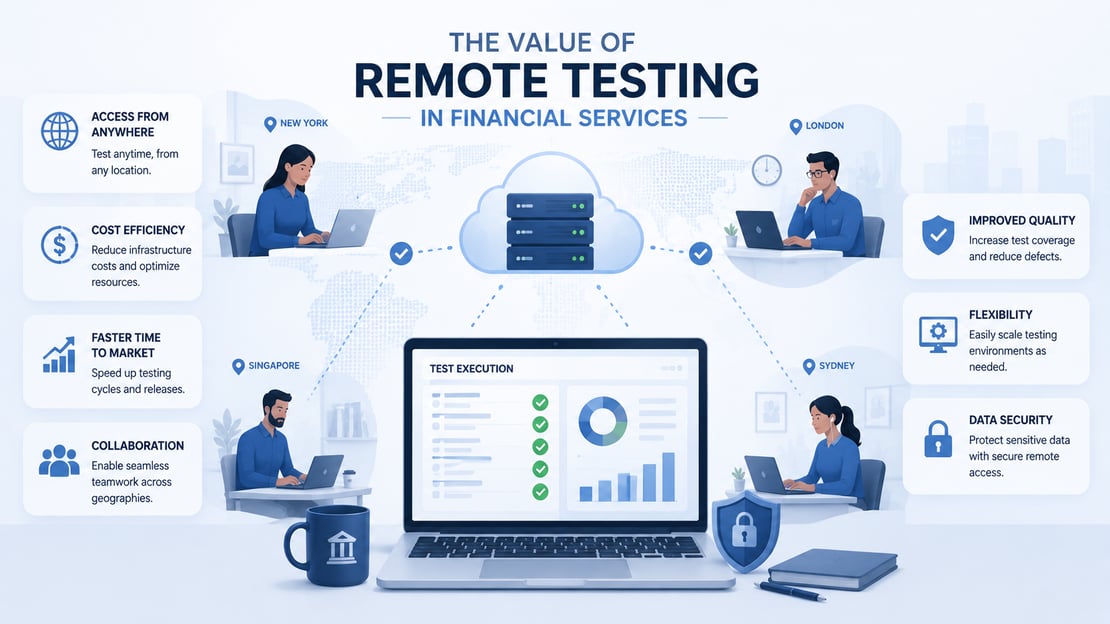 Illustration of cloud-based remote payment testing connecting teams across multiple locations, highlighting secure access, collaboration, efficiency, flexibility, and improved testing quality.