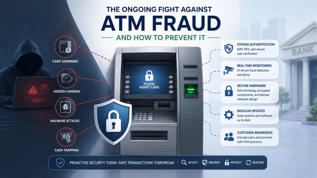 Illustration of an ATM protected by digital security measures, highlighting common fraud threats such as card skimming, hidden cameras, malware, and cash trapping.
