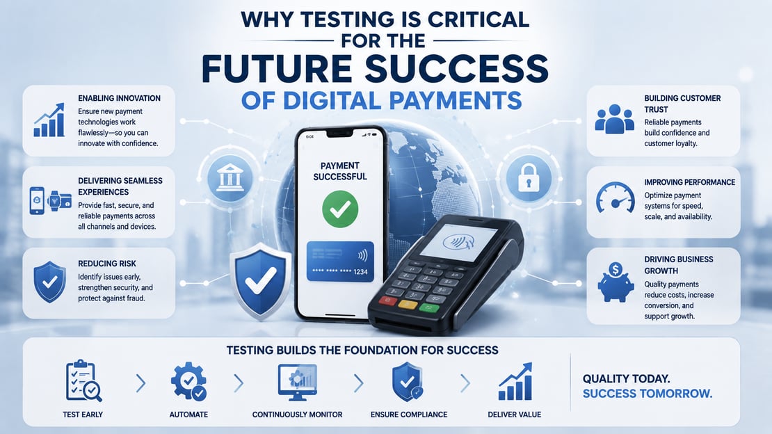 Illustration of digital payment testing with a smartphone, payment terminal, security shield, and connected network, highlighting how testing supports secure, reliable, high-performing payments and future growth.
