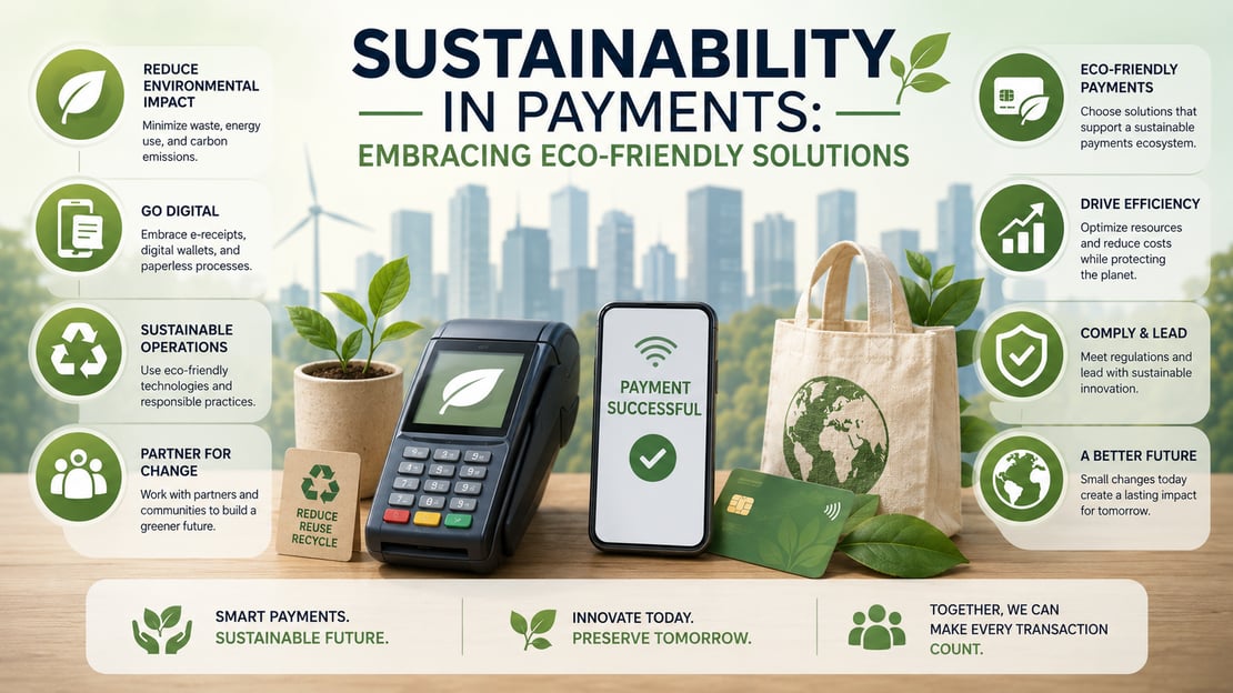 Illustration of eco-friendly payment solutions with a payment terminal, digital wallet, sustainable payment card, recycling symbols, and green technology representing sustainability in payments.