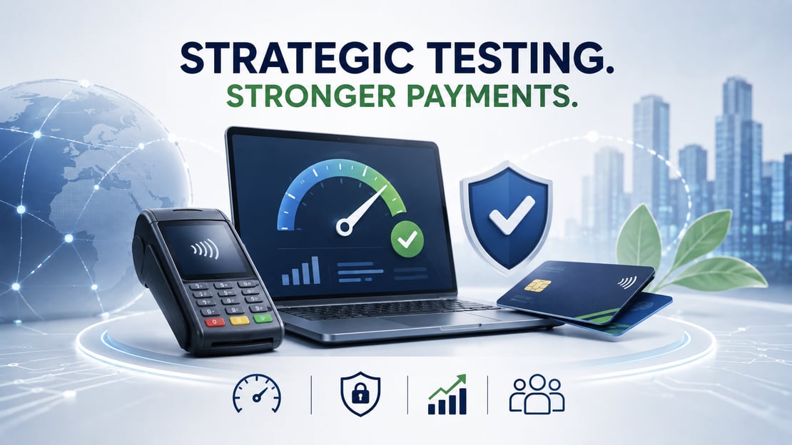Illustration of payment performance testing with a payment terminal, testing dashboard, security shield, and payment cards, representing faster, more reliable, and scalable payment processing.