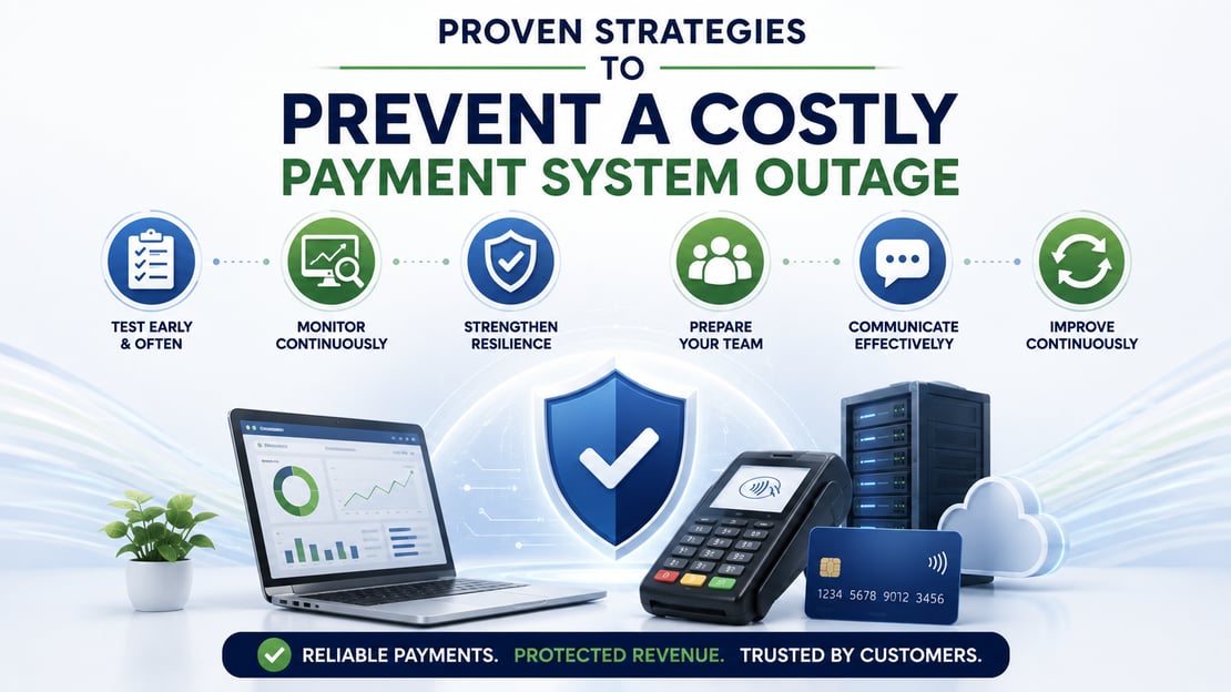 Illustration of payment system monitoring, testing, security, and backup infrastructure, representing strategies to prevent outages and maintain reliable payment services.