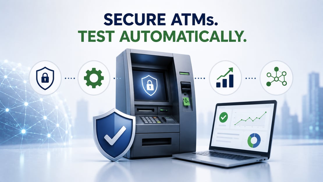 Illustration of a secure ATM with automated testing, monitoring, and network protection, highlighting how testing automation helps strengthen ATM security and reliability.