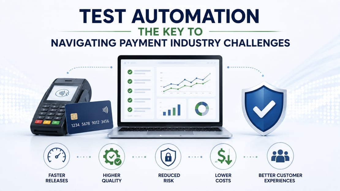 Illustration of automated payment testing with a testing dashboard, payment terminal, card, and security shield, representing faster releases, improved quality, reduced risk, and lower costs.