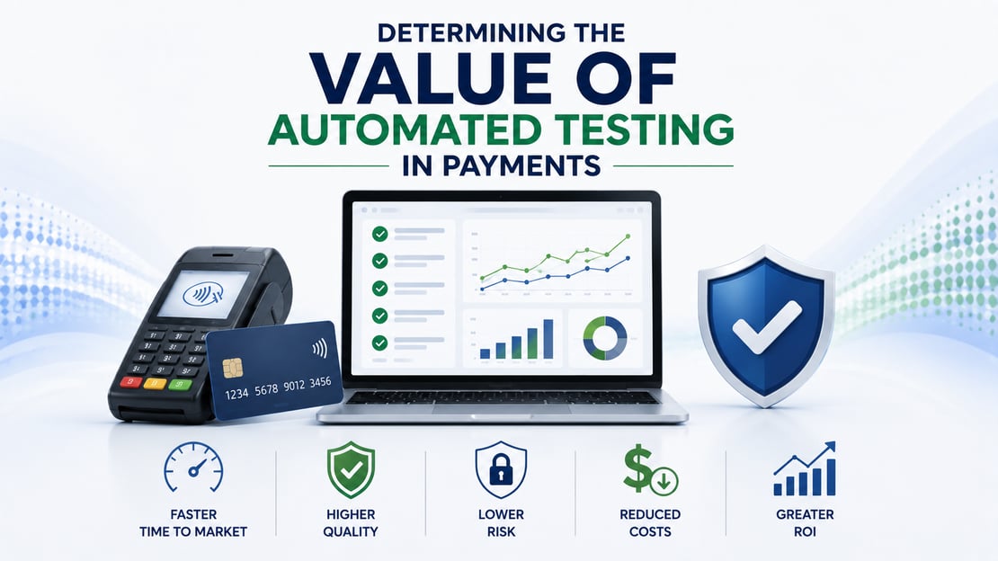 Illustration of automated payment testing with a testing dashboard, payment terminal, card, and security shield, highlighting faster testing, improved quality, lower risk, reduced costs, and greater ROI.