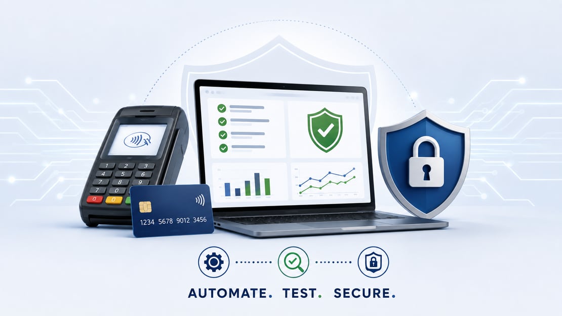 Illustration of a modern ATM and testing dashboard highlighting key ATM testing capabilities, including automation, scalability, security, comprehensive test coverage, and reliable support.