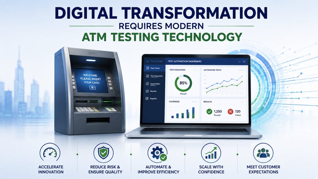 Illustration of a modern ATM and automated testing dashboard, representing how advanced ATM testing technology supports digital transformation, efficiency, scalability, and payment quality.