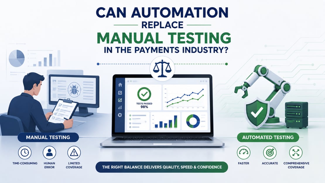 Illustration comparing manual and automated payment testing, highlighting the balance between human expertise and automation for faster, more accurate, and comprehensive testing.